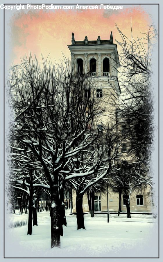 Art, Drawing, Floral Design, Architecture, Bell Tower, Clock Tower, Tower
