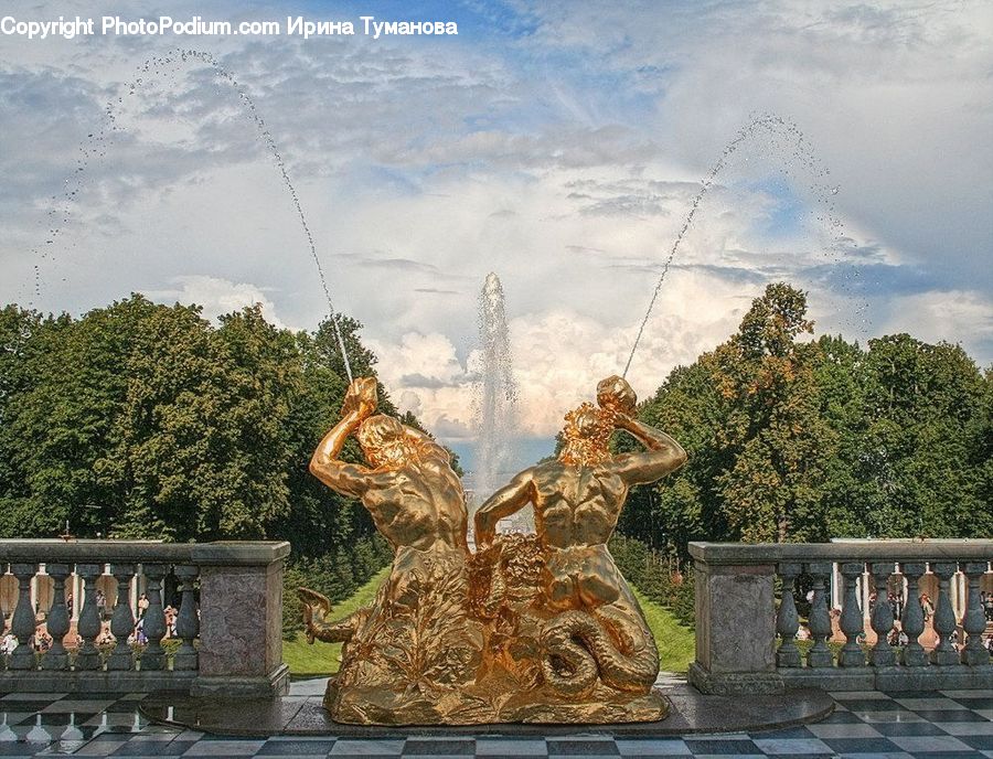 Fountain, Water, Art, Sculpture, Statue, Bench, Flagstone
