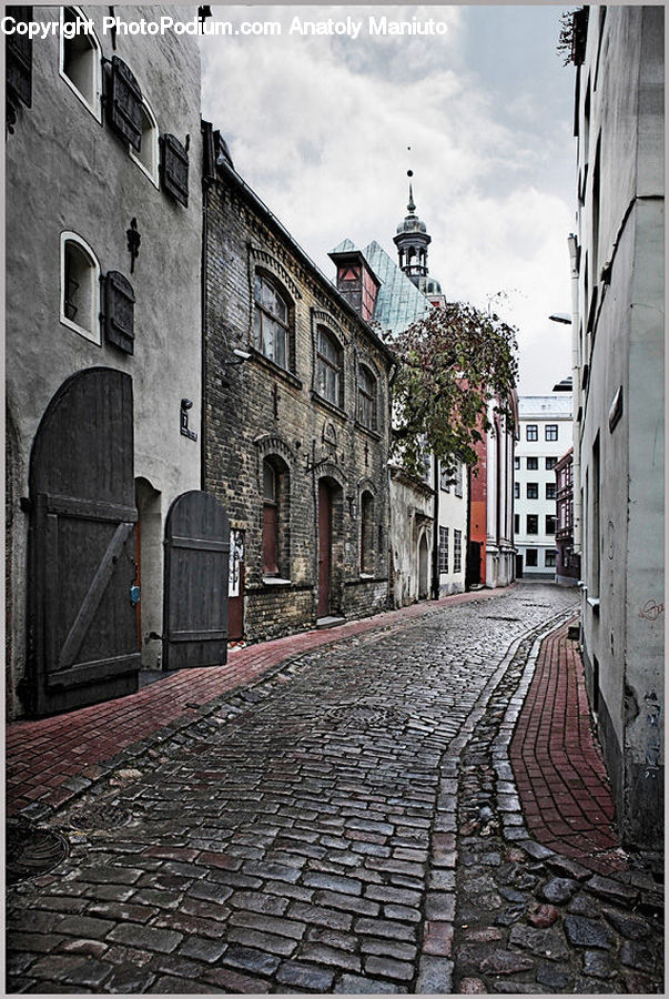 Cobblestone, Pavement, Walkway, Apartment Building, Building, High Rise, Downtown