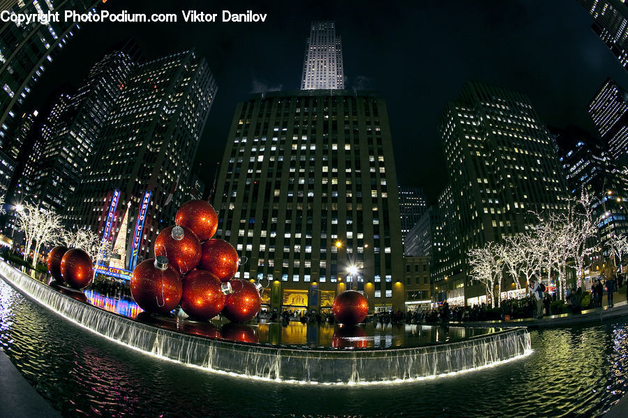 Fisheye, City, Downtown, Metropolis, Urban, Night, Outdoors