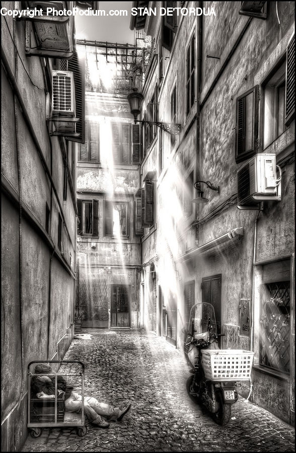 Alley, Alleyway, Road, Street, Town, Air Conditioner, Scooter