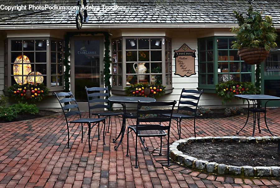 Chair, Furniture, Bench, Plant, Potted Plant, Cobblestone, Pavement
