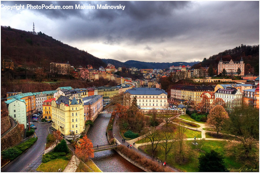 Park, Fountain, Water, Bridge, Building, Downtown, Town