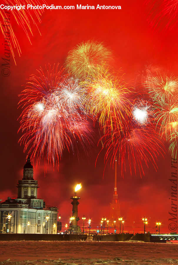Fireworks, Night, Architecture, Church, Worship, Lighting, Locomotive