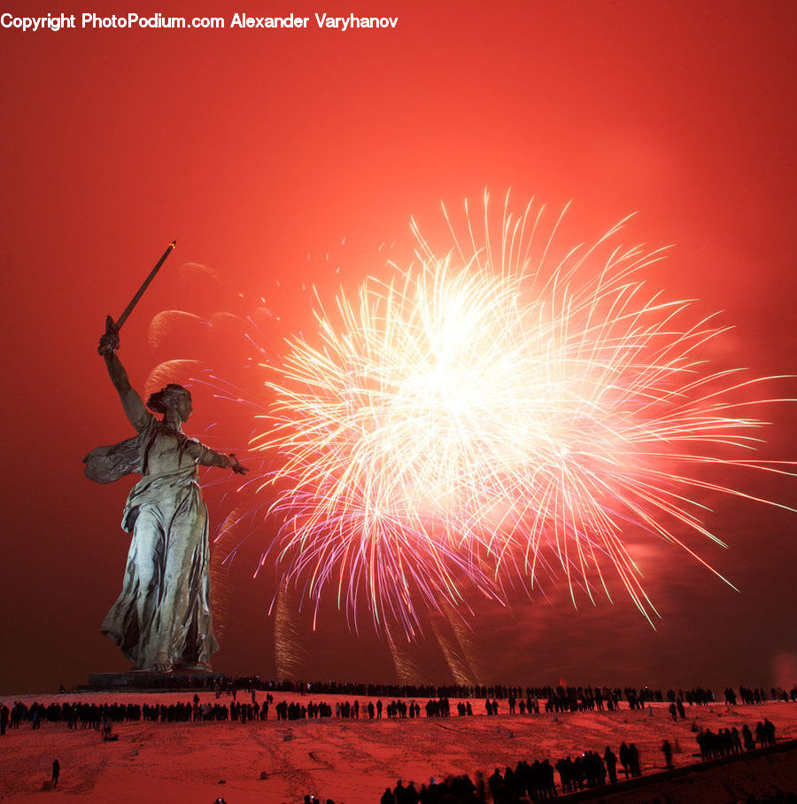 Fireworks, Night, Art, Sculpture, Statue, Flyer, Poster