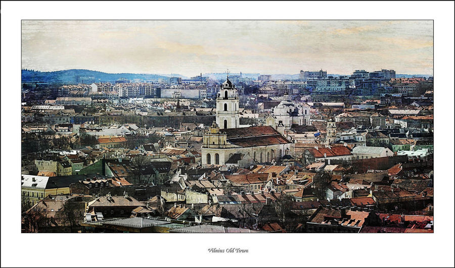 Collage, Poster, Aerial View, Building, Downtown, Town, Roof