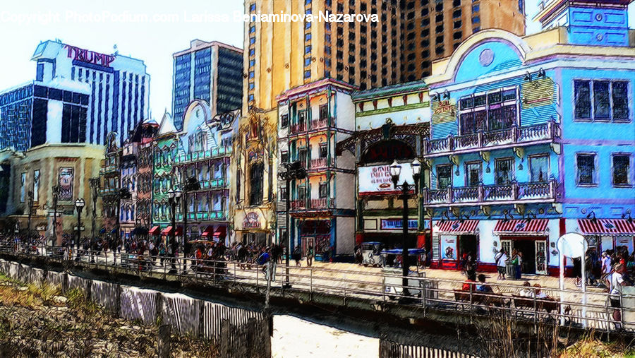City, Downtown, Urban, Shop, Collage, Poster, Building