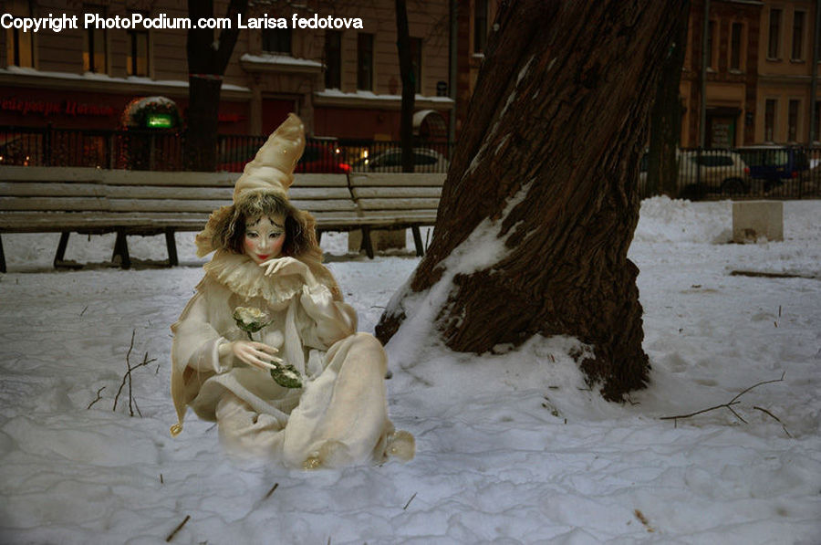Bench, Ice, Snow, Snowman, Winter, Building, Downtown