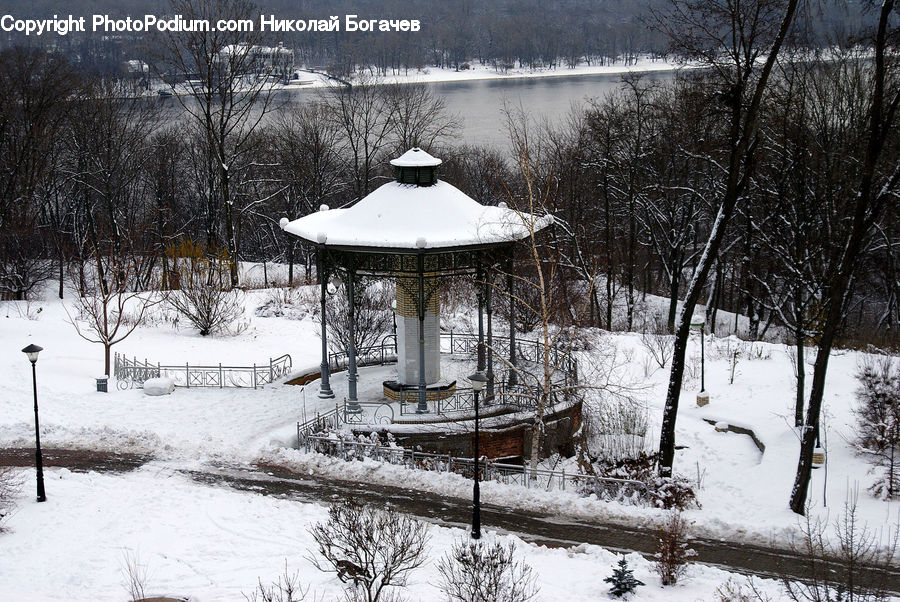 Gazebo, Ice, Outdoors, Snow, Bench, Birch, Tree