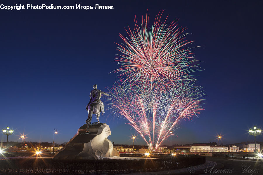 Fireworks, Night, Art, Sculpture, Statue, Fountain, Water