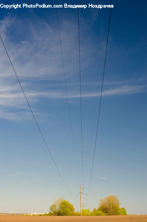 Cable, Electric Transmission Tower, Power Lines, Dirt Road, Gravel, Road, Field