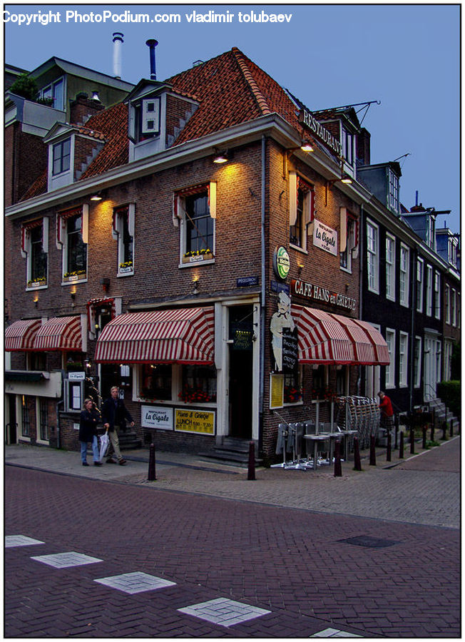 Awning, Pavement, Shop, Intersection, Road, Apartment Building, Building