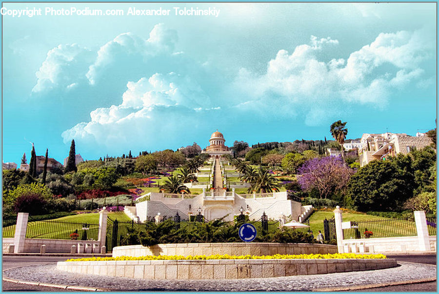Fountain, Water, Building, Housing, Villa, Bench, Architecture