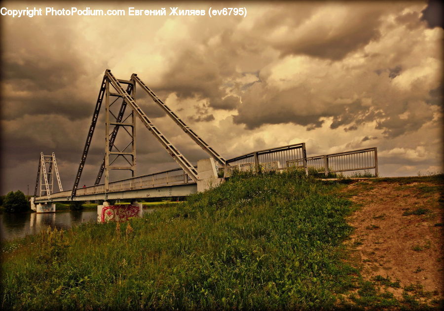 Bridge, Constriction Crane, Dirt Road, Gravel, Road, Field, Grass