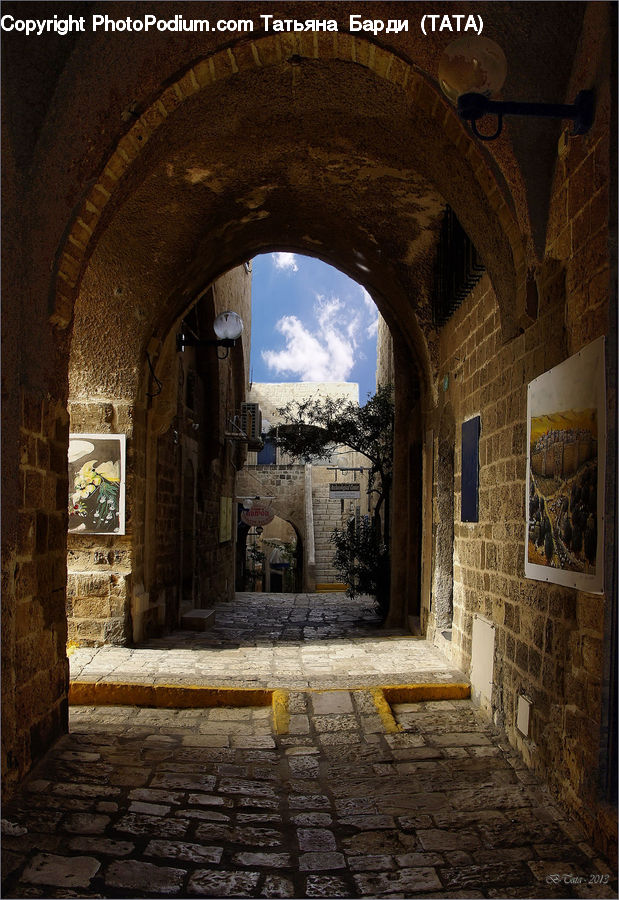 Patio, Cobblestone, Pavement, Walkway, Aisle, Corridor, Building