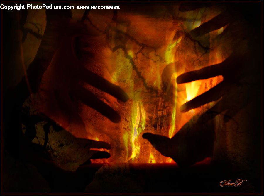 Fire, Fireplace, Hearth, Night, Outdoors, Hole, Crypt