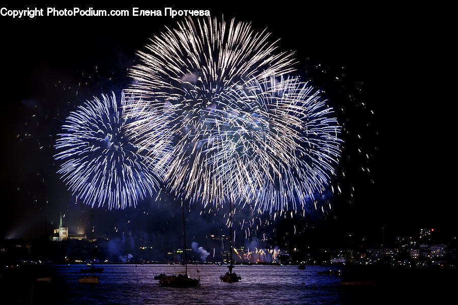 Fireworks, Night, Outdoors, Lighting, Water, City, Downtown