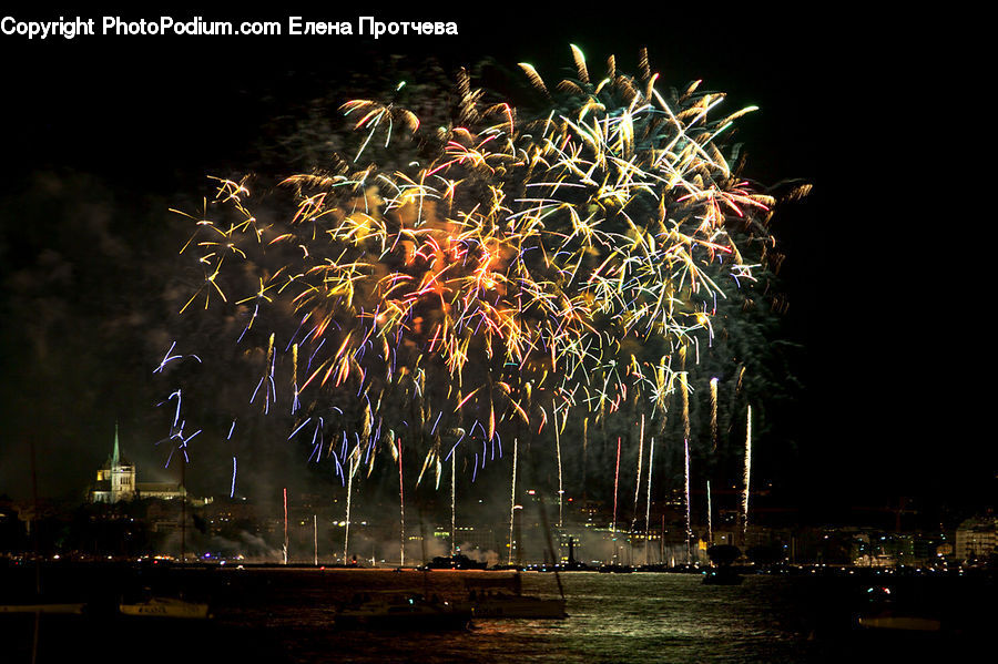 Fireworks, Night, Outdoors, City, Downtown, Metropolis, Urban