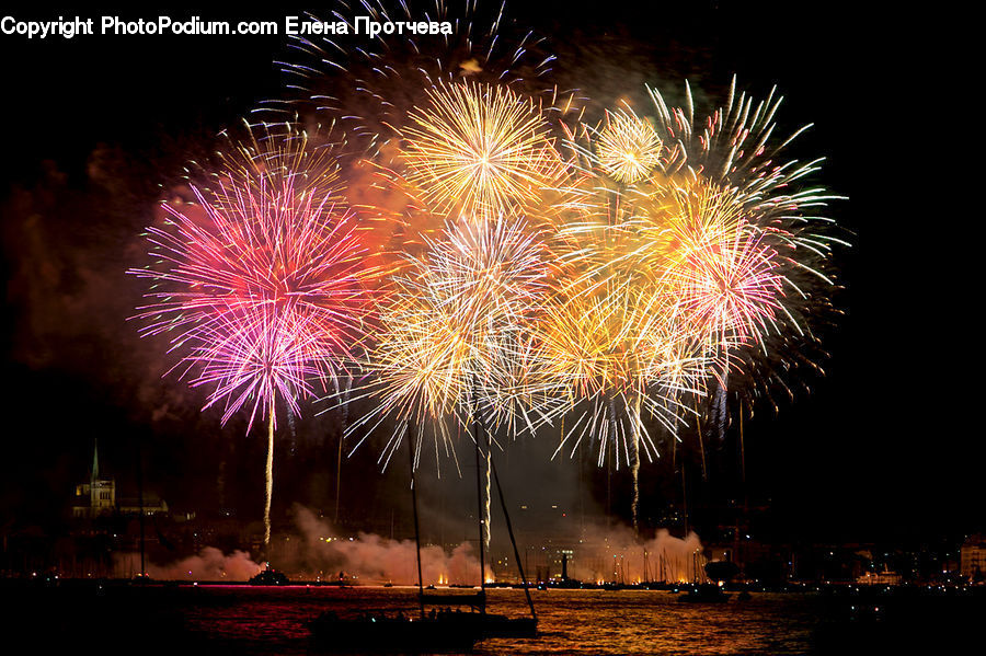 Fireworks, Night, Outdoors, City, Downtown, Metropolis, Urban