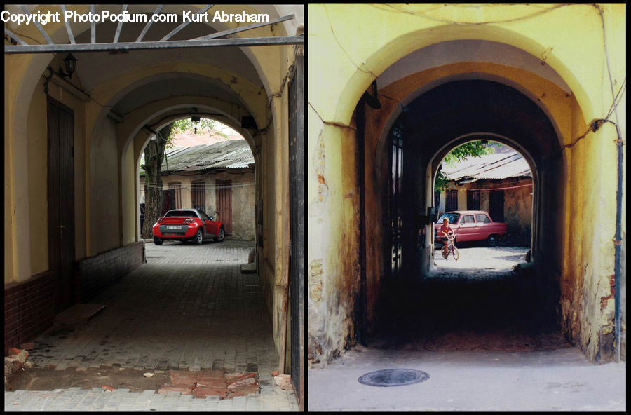 Automobile, Car, Vehicle, Aisle, Corridor, Patio, Building