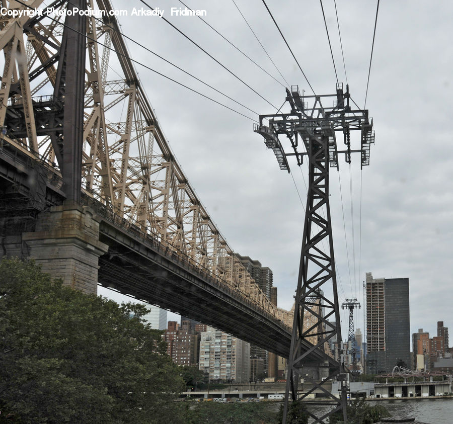 Electric Transmission Tower, Bridge, City, Downtown, Construction