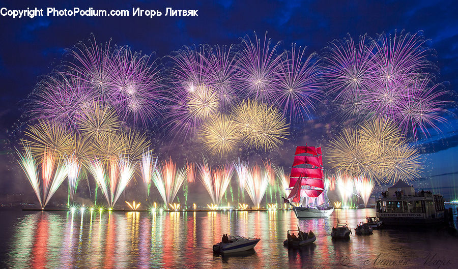 Fireworks, Night, Cruise Ship, Ferry, Freighter, Ship, Tanker