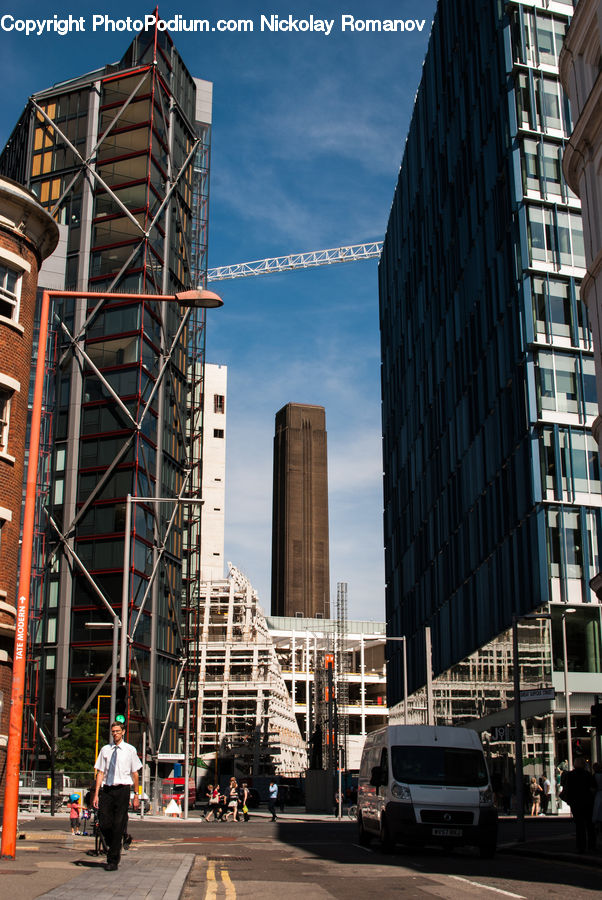Car, Van, Building, Housing, City, High Rise, Office Building