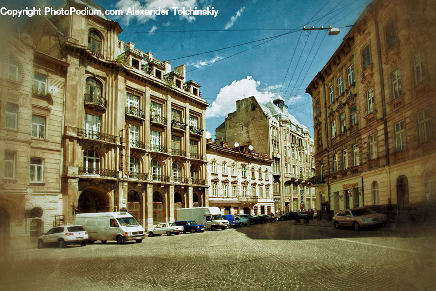 Automobile, Car, Vehicle, Van, Apartment Building, Building, High Rise