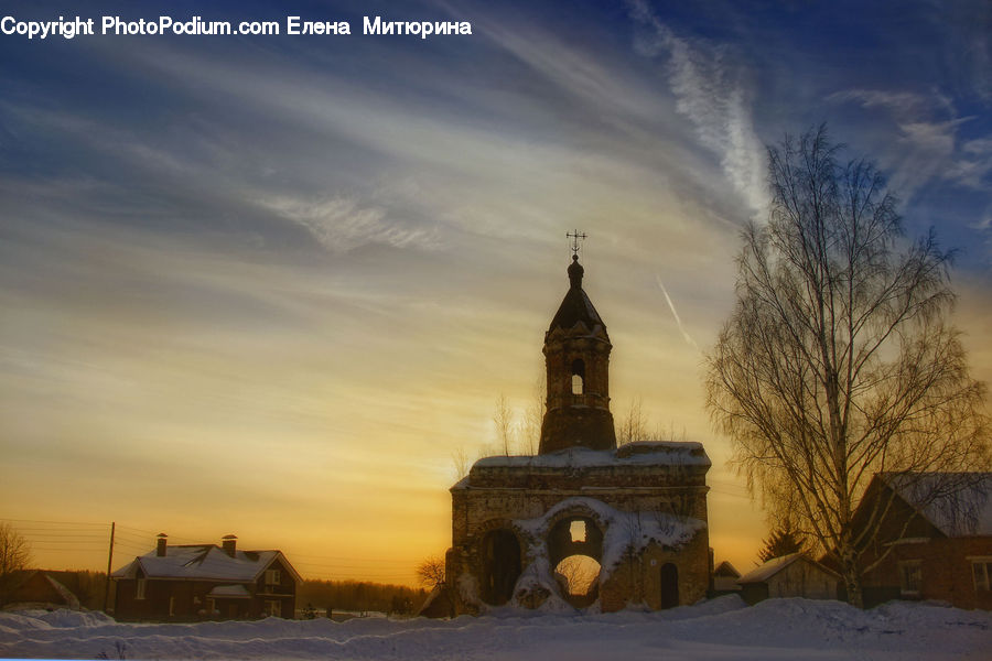 Architecture, Bell Tower, Clock Tower, Tower, Ice, Outdoors, Snow