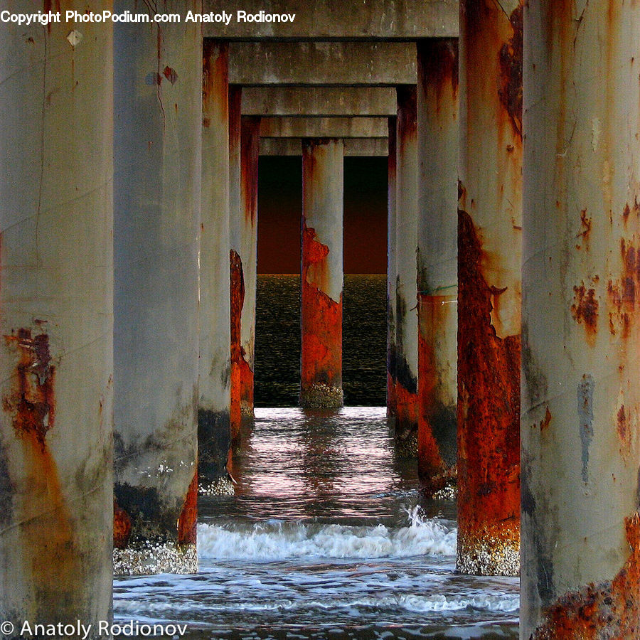 Rust, Column, Pillar, Corridor, Dock, Pier, Water
