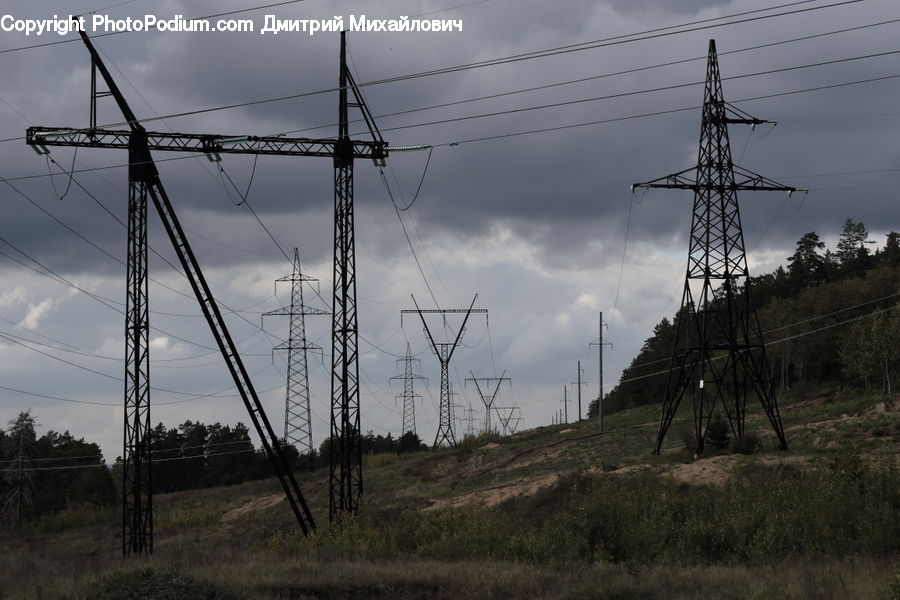 Cable, Electric Transmission Tower, Power Lines, Plant, Potted Plant, Field, Grass