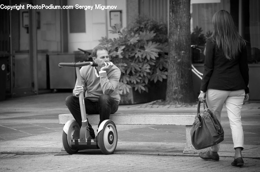 People, Person, Human, Plant, Potted Plant, Bag, Scooter
