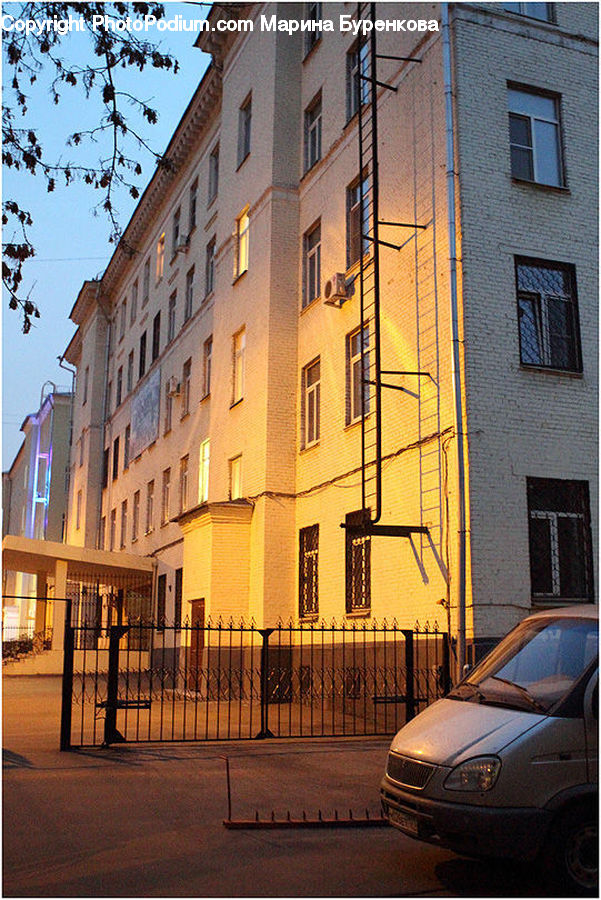 Apartment Building, Building, High Rise, Automobile, Car, Vehicle, Sedan