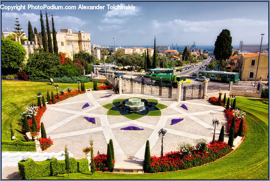 Architecture, Downtown, Plaza, Town Square, Garden, Train, Vehicle