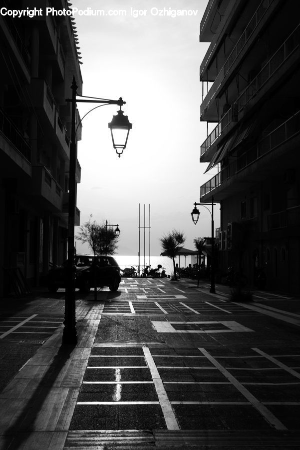Intersection, Road, Lamp Post, Pole, Bench, Boardwalk, Path