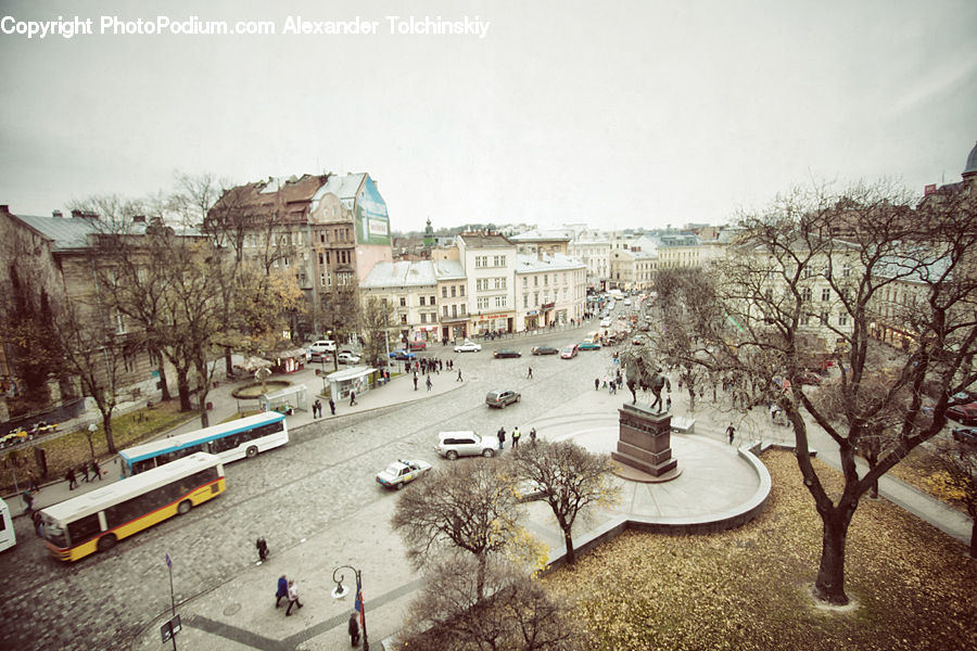 Architecture, Downtown, Plaza, Town Square, Bus, Vehicle, Town