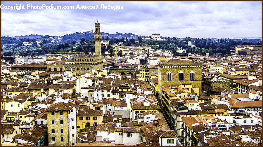 Aerial View, Building, Downtown, Town, City, Collage, Poster