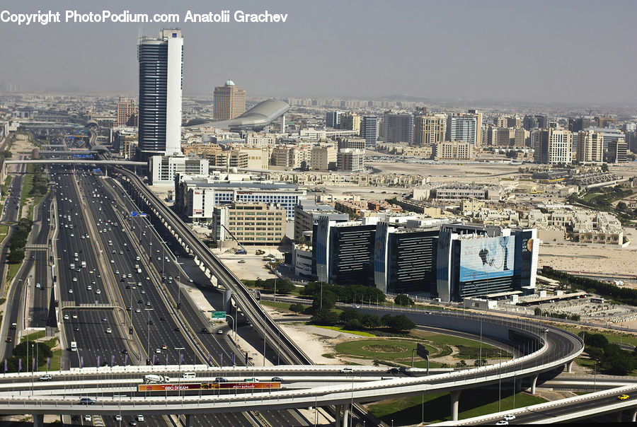 Freeway, Road, Aerial View, Building, Downtown, Town, City