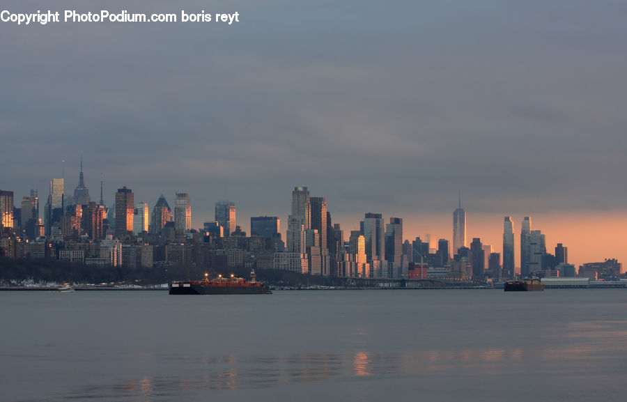 City, Downtown, Metropolis, Urban, Ferry, Freighter, Ship
