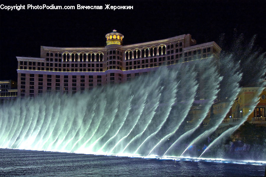 Fountain, Water, Night, Outdoors, Architecture, Bell Tower, Clock Tower