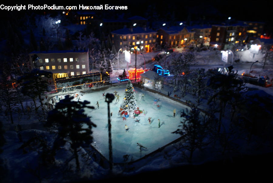 Ice Skating, Rink, Night, Outdoors, Fountain, Water, Night Club