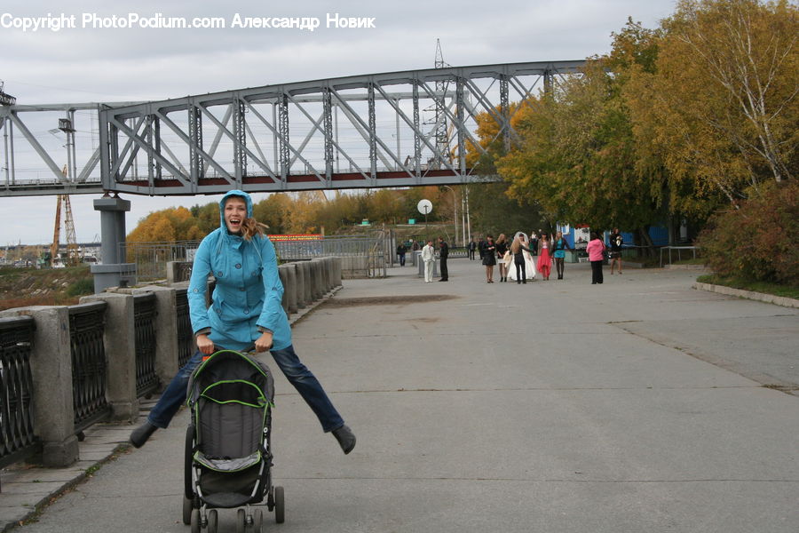 Human, People, Person, Stroller, Bridge, Fence, Hedge