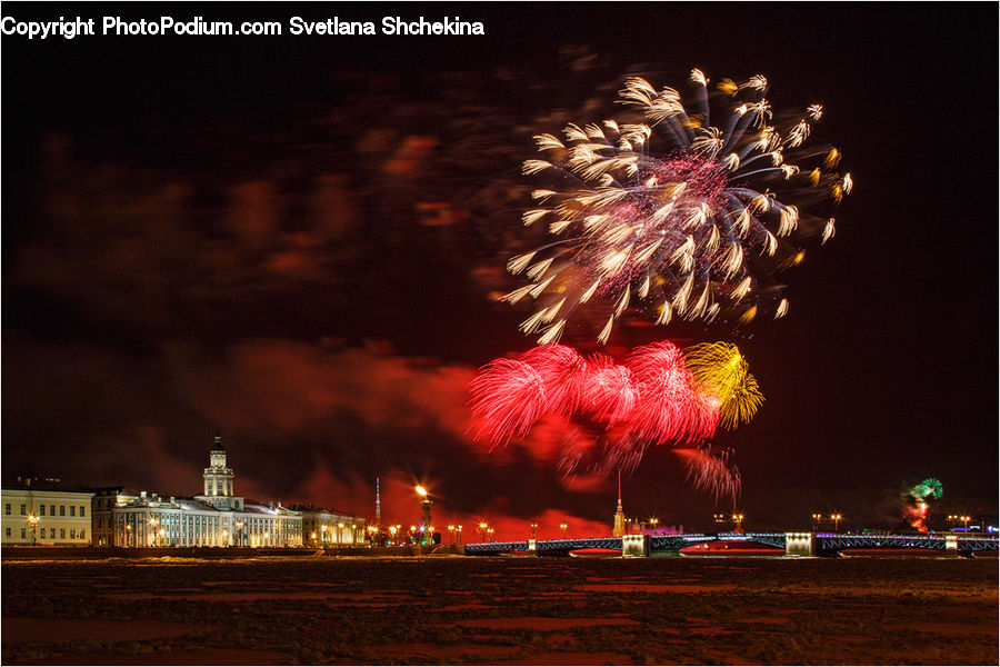 Fireworks, Night, City, Downtown, Urban, Metropolis, Building