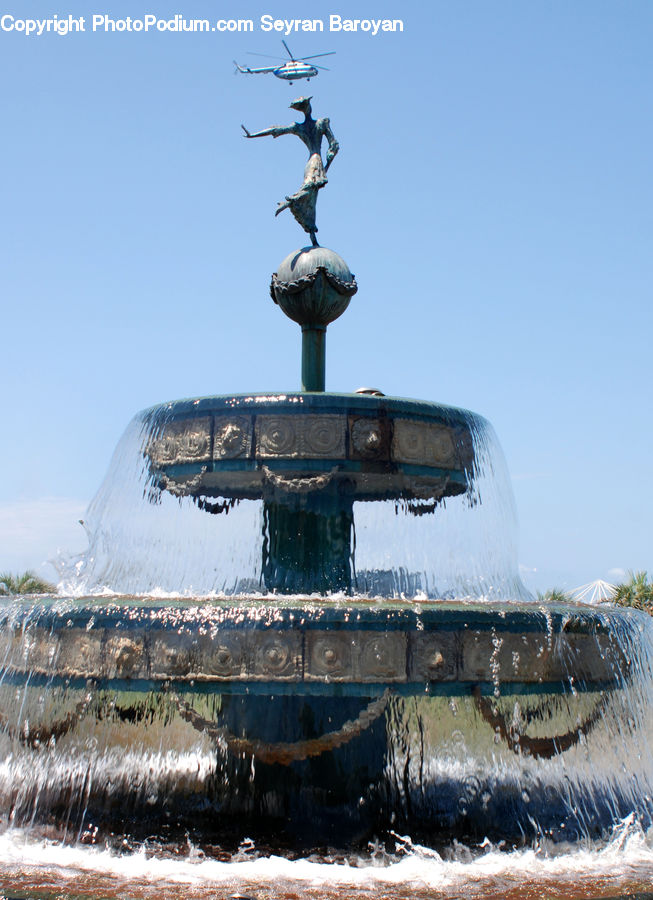 Fountain, Water, Bulldozer, Tractor, Vehicle, Bird, Pigeon