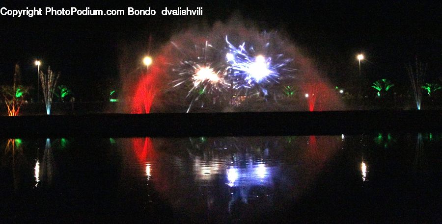 Fireworks, Night, Outdoors, Fountain, Water, Lighting, Night Club