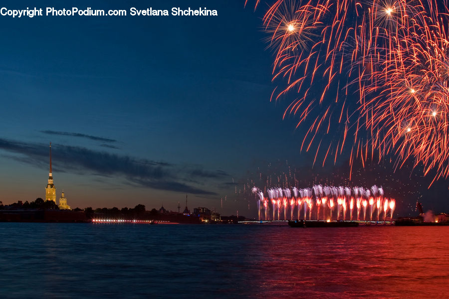 Fireworks, Night, Architecture, Spire, Steeple, Tower, Waterfront