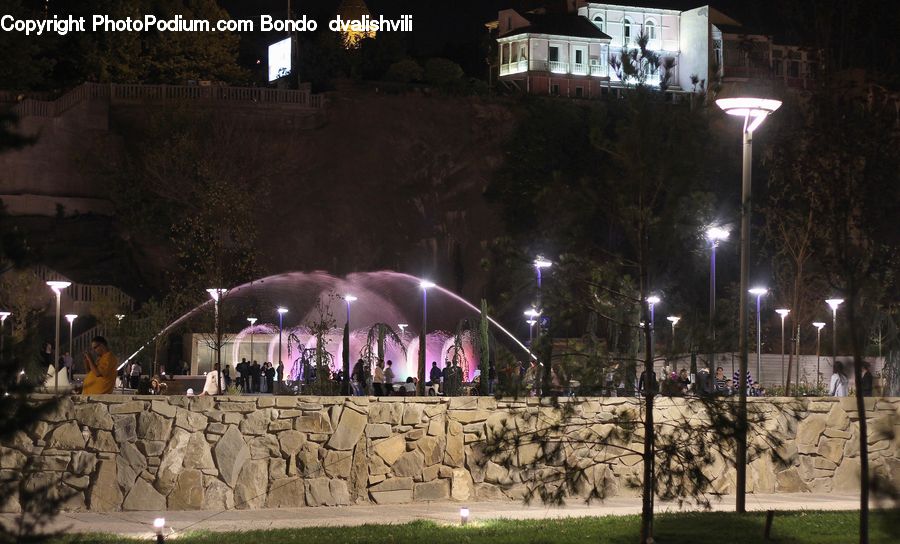 Fountain, Water, Night, Outdoors, Fence, Architecture, Downtown