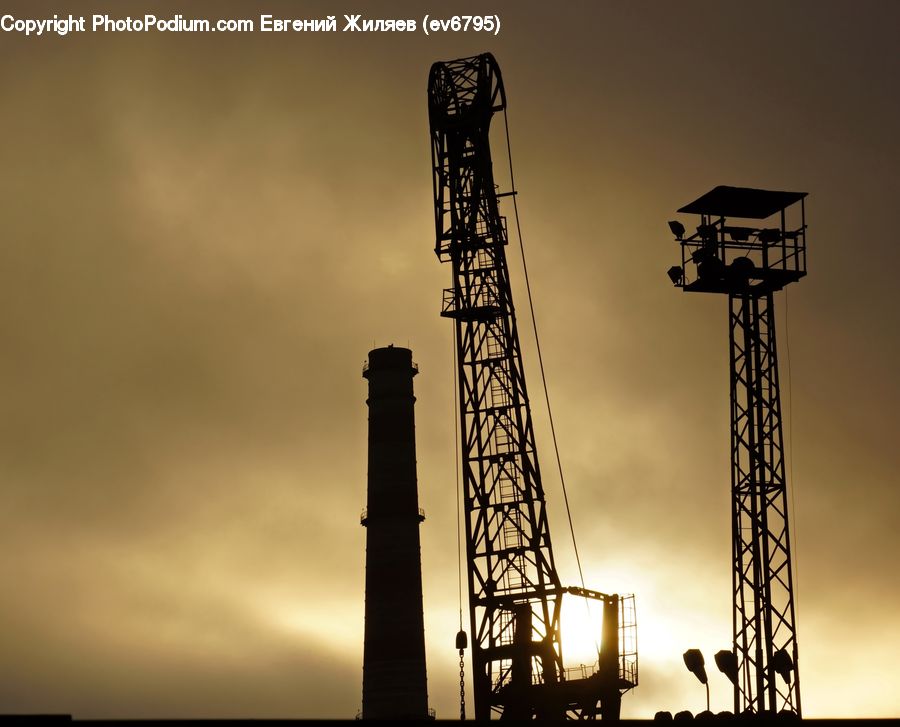 Factory, Refinery, Silhouette, Beacon, Building, Lighthouse, Water Tower