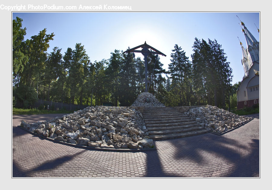 Collage, Poster, Art, Modern Art, Bench, Flagstone, Conifer