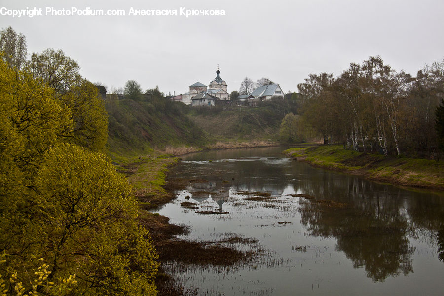 Architecture, Housing, Monastery, Outdoors, Pond, Water, River